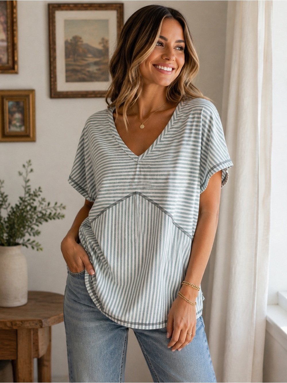 Simple Striped V-Neck Tunic - Sage & White